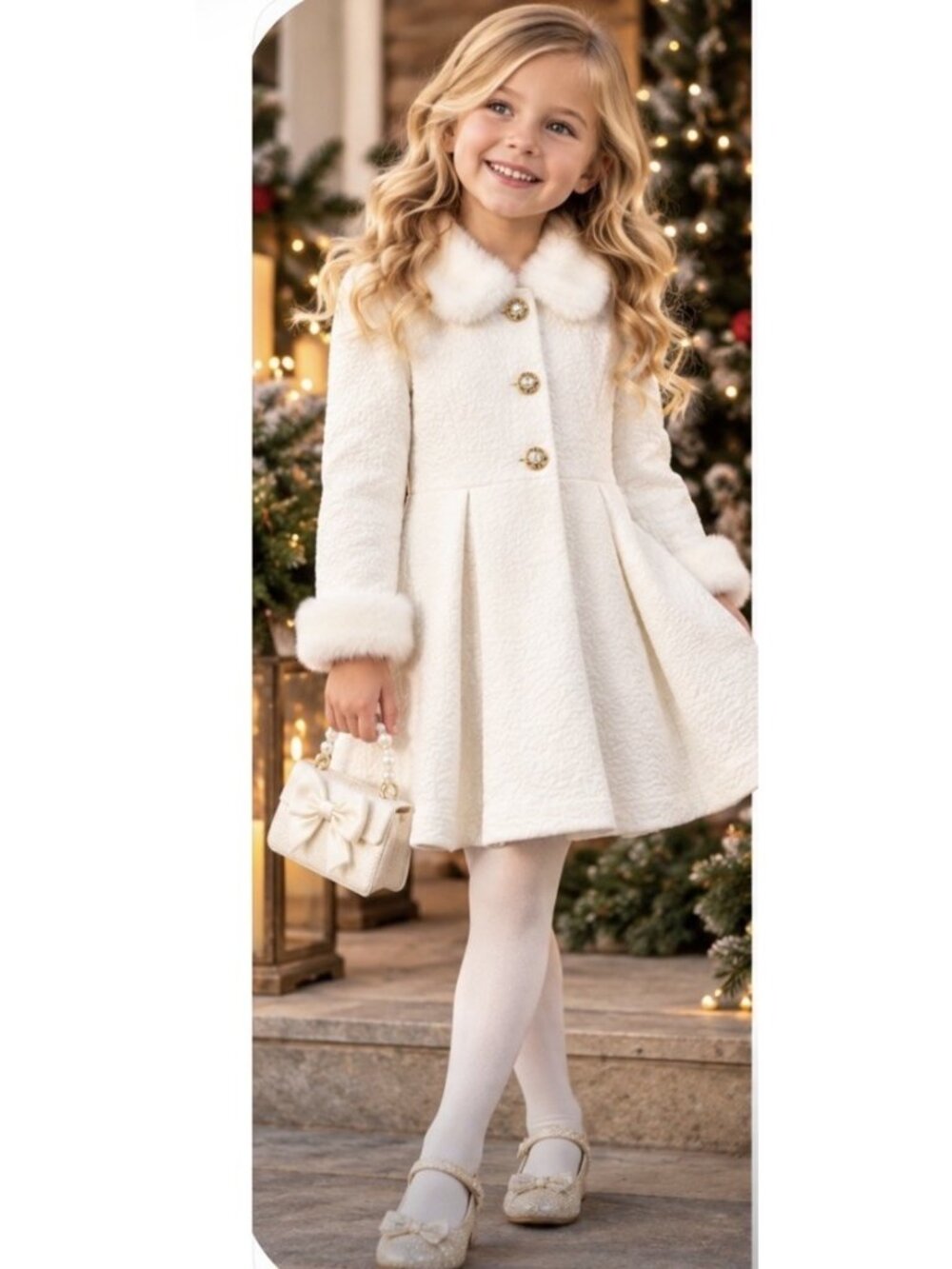 Tahari Girls Size 6 Ivory Dress Coat Faux Fur Collar Cuffs Gold Buttons Holiday